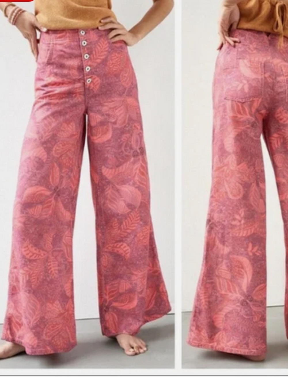 Pilcro Anthropologie Coral-Print High-Rise Wide Leg Pants